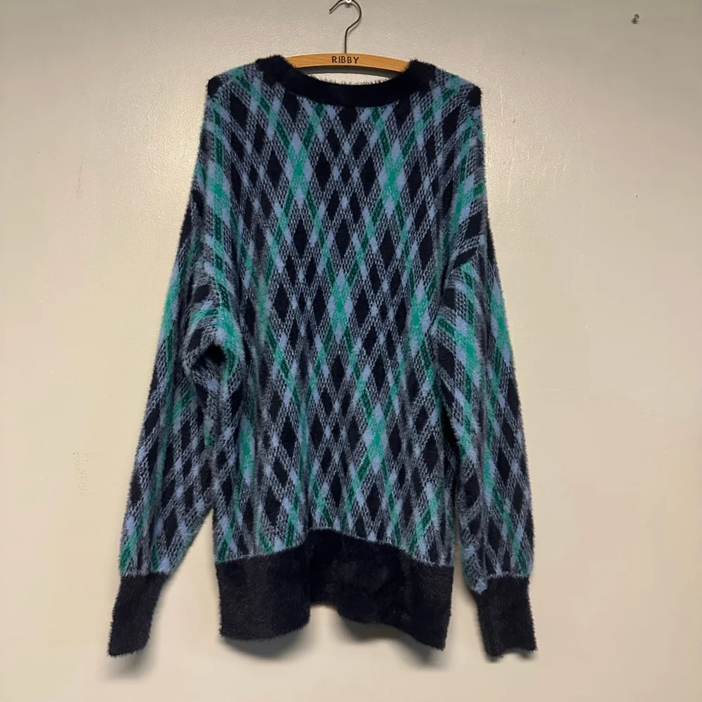 Women's Aerie Argyle Crew Neck Sweater size small Blue Green OVERSIZED fuzzy